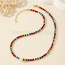 Colorful Bohemian Style Beaded Necklace with Imitation Pearls and Rice Beads