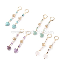 Heart Gemstone Beaded Long Dangle Hoop Earrings with Hollow Ball for Women, Golden