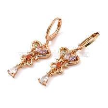 Rack Plating Golden Brass Dangle Leverback Earrings, with Cubic Zirconia, Butterfly