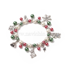 Glass Pearl Beaded Stretch Bracelet, Candy Cane & Snowflake & Santa Claus & Bell Alloy Charms Christmas Bracelet for Women