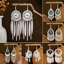 Wholesale Jewelry 1 Pair Ethnic Style Tassel Feather Alloy Turquoise Drop Earrings