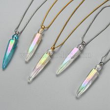 Electroplate Natural Quartz Crystal Perfume Bottle Pendant Necklaces, with 304 Stainless Steel Box Chains and Plastic Dropper, Faceted, Bullet