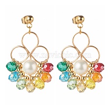 Flower Colorful Glass Beads Dangle Earrings for Girl Women, Round Shell Pearl Beads Stud Earrings, Golden, 40mm, Pin: 0.8mm