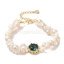 Blue Zircon Rhinestone Flat Round Link Bracelets, Natural Pearl & Shell Beaded Bracelet