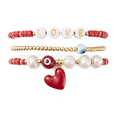 3Pcs 3 Style Natural Pearl & Glass & Acrylic Word Stretch Bracelets Set, Evil Eye & Brass Heart Stackable Bracelets for Valentine's Day