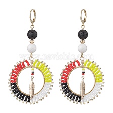 Bohemia Handmade Woven Glass Seed Beads Leverback Earrings, Brass Feather & 304 Stainless Steel Dangle Earrings for Women