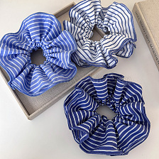 Striped Beach Vacation Style Large Hair Scrunchie Blue Fabric Bow Female.