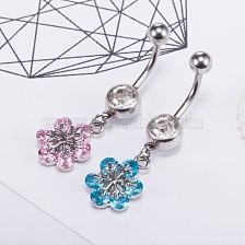 Piercing Jewelry, Brass Cubic Zirconia Navel Ring, Navel Ring Belly Rings, with 304 Stainless Steel Bar, Lead Free & Cadmium Free, Flower