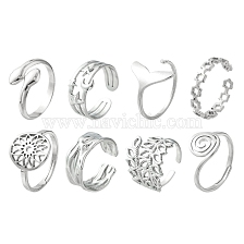 8Pcs 8 Style Whale Tail & Wave & Flower & Vortex & Snake Stainless Steel Open Cuff Ring Set, Adjustable Rings for Women