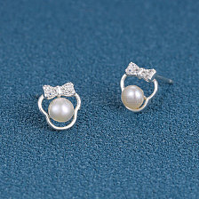 Silver Butterfly Bow Design Artificial Pearl Women's Stud Earrings