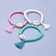 Handmade Polymer Clay Heishi Beads Stretch Bracelets, with 304 Stainless Steel Findings, Shell Beads and Cotton Tassel Pendants