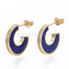 Brass Micro Pave Cubic Zirconia Crescent Moon Stud Earrings, Half Hoop Earrings, with Enamel and Ear Nuts, Letter C, Real 18K Gold Plated