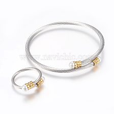 304 Stainless Steel Jewelry Sets, Adjustable Bangles and Rings, with Acrylic Beads