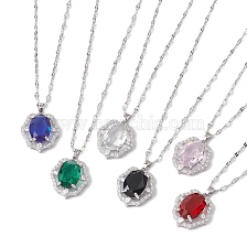 Brass Micro Pave Cubic Zirconia Pendant Necklaces, with Glass, Flower