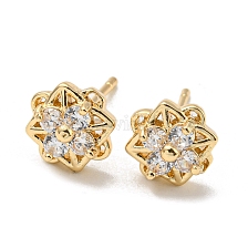 Brass with Clear Cubic Zirconia Stud Earrings, Flower