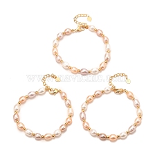 Natural Pearl Beaded Bracelets, Real 18K Gold Plated, with Brass Round Beads, Long-Lasting Plated