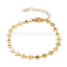 Brass Enamel Flower Link Chain Bracelets, with 304 Stainless Steel Lobster Claw Clasps, Colorful