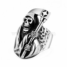 Titanium Steel Rings for Men, Halloween Skull Death with Sickle Wide Band Ring