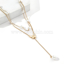 201 Stainless Steel Curb Chains Double Layer Necklaces with ABS Imitation Pearl Beaded, Natural Shell Butterfly Pendant Necklace