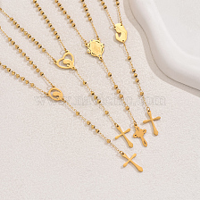 Stainless Steel Geometric Portrait Pendant Beaded Tassel Cross Necklace for Women.