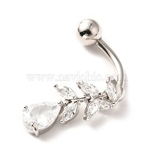 Piercing Jewelry, Brass Micro Pave Clear Cubic Zirconia Navel Rings, Belly Rings, with 304 Stainless Steel Bar, Teardrop