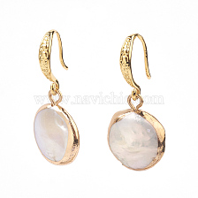 Plated Natural Baroque Pearl Keshi Pearl Beads Dangle Earrings, with Brass Finding, Flat Round