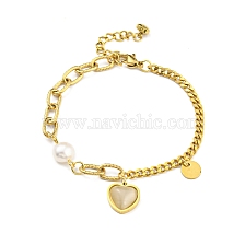 Resin Heart Charm Bracelet with Natural Pearl Beaded, Vacuum Plating 304 Stainless Steel Bracelet for Girl Women