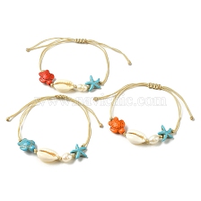 Synthetic Turquoise & Natural Shell & Pearl Braided Bead Bracelets, Tortoise & Starfish Adjustable Bracelet