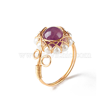 Natural Amethyst Finger Ring for Girl Women, Round Shell Pearl Beads Ring, Brass Wire Wrap Ring, Golden, US Size 7 3/4(17.9mm)