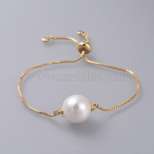 Adjustable Brass Slider Bracelets, Bolo Bracelets, with Plastic Imitation Pearl Beads, Cubic Zirconia and Box Chain