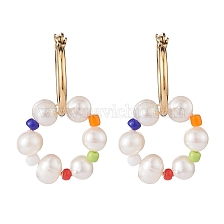 Natural Pearl Beaded Dangle Hoop Earrings, Ring Drop Earrings for Women, Golden