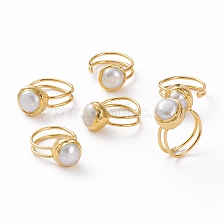 Adjustable Natural Pearl Cuff Rings, Open Rings, with Golden Plated Brass Findings, Flat Round