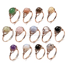 Natural & Synthetic Mixed Stone Round Finger Ring, Rack Plating Rose Gold Brass Wire Wrap Ring