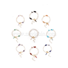 Natural Gemstone Chips & Pearl Beaded Bracelet with Enamel Lighting Bolt Charms, Gemstone Jewelry for Women, Golden