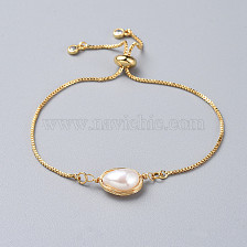 Brass Slider Bracelets, Bolo Bracelets, with Natural Baroque Pearl Keshi Pearl Beads and Box Chains