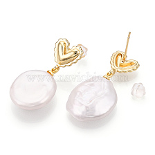 Natural Pearl Dangle Stud Earrings, Brass 
Earrings with 925 Sterling Silver Pins, Heart