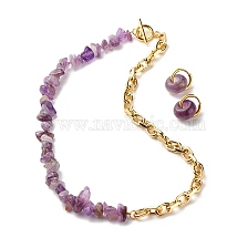 Gemstone Chip Beads Jewelry Set, Gemstone Beaded Necklace and Drop Huggie Hoop Earrings for Women, Light Gold