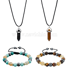 FIBLOOM Natural Mixed Gemstone Bullet Pendant Necklaces & Braided Bead Bracelet, Jewelry Set