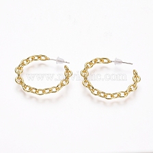 Semicircular Brass Cable Chain Stud Earrings, Half Hoop Earrings, with 925 Sterling Silver Pins and Plastic Ear Nuts, Long-Lasting Plated