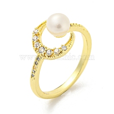 Crescent Moon Brass Micro Pave Cubic Zirconia Open Cuff Rings, with Natural Pearl