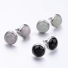 304 Stainless Steel Stud Earrings, with Gemstone Cabochon