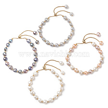 Dyed Natural Pearl & Brass Round Beaded Slider Bracelet, Adjustable Bracelet with Golden 304 Stainless Steel Box Chains for Women