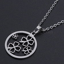 201 Stainless Steel Pendants Necklaces, with Cable Chains and Lobster Claw Clasps, Flat Round with Clover