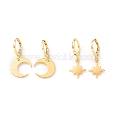 Brass Huggie Hoop Earrings Sets, Star & Moon