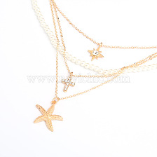 Plastic Imitation Pearl Beaded Necklaces Multi Layered Necklaces, Alloy Rhinestone Cross Star Pendant Necklace for Women