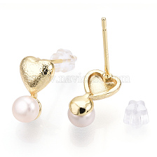 Brass Heart & Natural Pearl Stud Earrings, with 925 Sterling Silver Pins