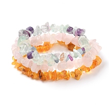 Chips Natural Amber & Fluorite & Rose Quartz Beaded Stretch Bracelets Sets, Stackable Bracelets, Inner Diameter: 2-1/8 inch(5.5cm), 3pcs/set