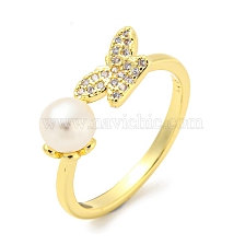 Natural Pearl Butterfly Open Cuff Ring, Brass Finger Ring with Cubic Zirconia