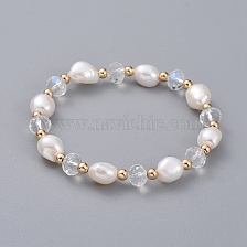 Stretch Bracelets, with Natural Cultured Freshwater Pearl Beads, Glass Beads and Brass Round Spacer Beads, Elastic Crystal Thread, with Burlap Bags