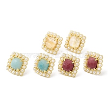 Natural Mixed Gemstone Square Stud Earrings with Plastic Pearl Beaded, Real 14K Gold Plated Brass Jewelry